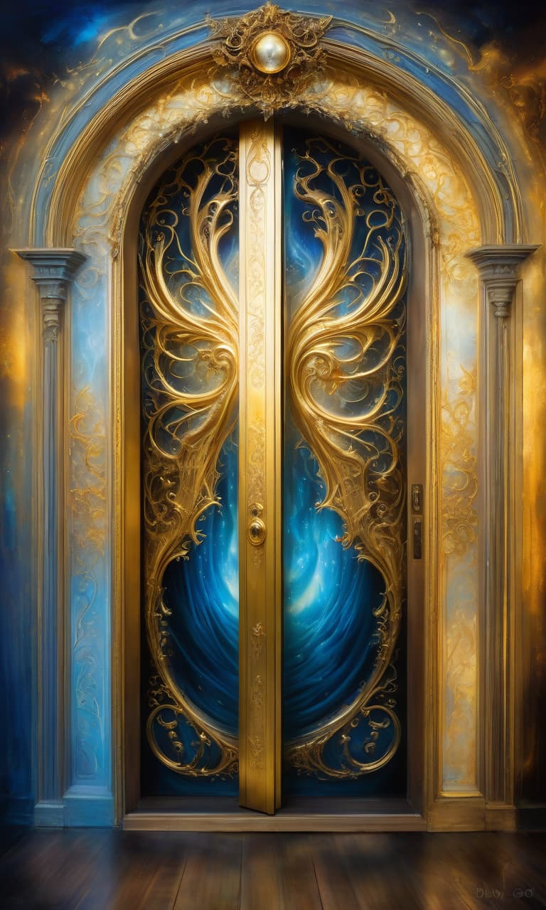  Oil Painting. Surrealistic digital image with double exposure and (dissolving textures). (Door to a fairy tale: 1,2). With unusual design. (Rays of magical light) from the (ajar) door. Glow, magic. Wrought, strange, bizarre, intricate elements in the spirit of Scandinavian ornaments. Intricate floral decor:: smoll gold and (blu) roses in contrasting colours:: glow. Ivy, ornament:: plateresco. Background: surrealist abstractionism with elements of masonry covered with ivy and roses. Hyperdetalisation, intricacy. Fantasy, creativity. Harmony of bright colour shades. High contrast. Exquisite rocaille and fantasy surrealism. Decorative excesses. Josephine Wall. Fragonard and Antoine Watteau. Sabbas Aptheros, Alfonso Mucha, Carole Buck, Andrew J hyperrealistic, full body, detailed clothing, highly detailed, cinematic lighting, stunningly beautiful, intricate, sharp focus, f/1. 8, 85mm, (centered image composition), (professionally color graded), ((bright soft diffused light)), volumetric fog, trending on instagram, trending on tumblr, HDR 4K, 8K