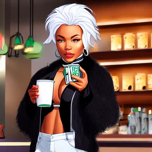  Felicia Hardy, young face, long white hair, white fur collar, gloves, no bra, black jumpsuit, unzipped, bigger bust, and Mary Jane Watson, drinking coffee at Starbucks , comic, sharp focus