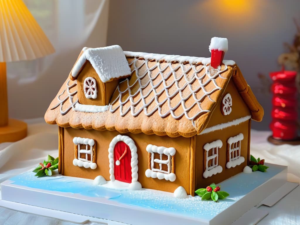  An ultradetailed closeup image of a perfectly goldenbrown gingerbread house freshly baked from the oven, adorned with intricate icing snowflakes, candy cane pillars, and a dusting of powdered sugar to create a mesmerizing winter wonderland effect. hyperrealistic, full body, detailed clothing, highly detailed, cinematic lighting, stunningly beautiful, intricate, sharp focus, f/1. 8, 85mm, (centered image composition), (professionally color graded), ((bright soft diffused light)), volumetric fog, trending on instagram, trending on tumblr, HDR 4K, 8K