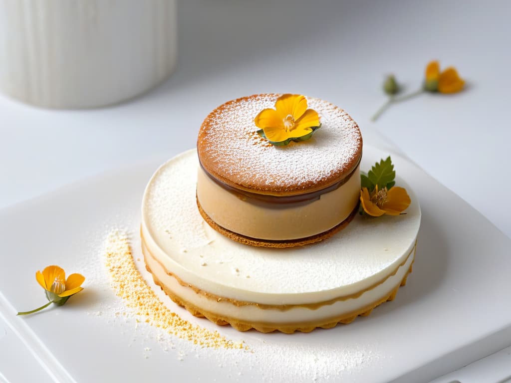  An ultradetailed image of a beautifully plated alfajor, a traditional South American dessert consisting of two buttery cookies filled with dulce de leche and coated in powdered sugar, set against a simple, elegant white backdrop. The alfajor is garnished with delicate edible flowers and a dusting of gold leaf, showcasing the fusion of traditional flavors with modern presentation in South American dessert innovation. hyperrealistic, full body, detailed clothing, highly detailed, cinematic lighting, stunningly beautiful, intricate, sharp focus, f/1. 8, 85mm, (centered image composition), (professionally color graded), ((bright soft diffused light)), volumetric fog, trending on instagram, trending on tumblr, HDR 4K, 8K