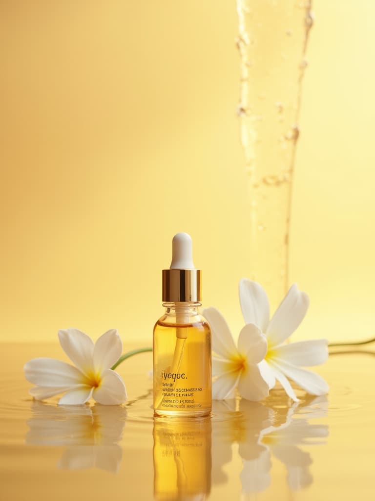  product photography, a small bottle of golden moisturizer and white flowers next to water, flowing water vertically, soft lines, youthful vitality, clean, simple, golden background, using natural and real photography, focus on product, center composition, depth of field effect, 8k