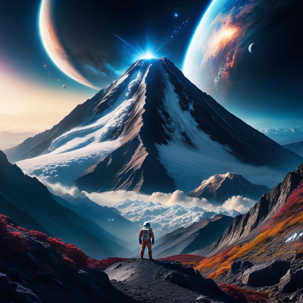  space themed tsunami at the peak of a mountain . cosmic, celestial, stars, galaxies, nebulas, planets, science fiction, highly detailed hyperrealistic, full body, detailed clothing, highly detailed, cinematic lighting, stunningly beautiful, intricate, sharp focus, f/1. 8, 85mm, (centered image composition), (professionally color graded), ((bright soft diffused light)), volumetric fog, trending on instagram, trending on tumblr, HDR 4K, 8K