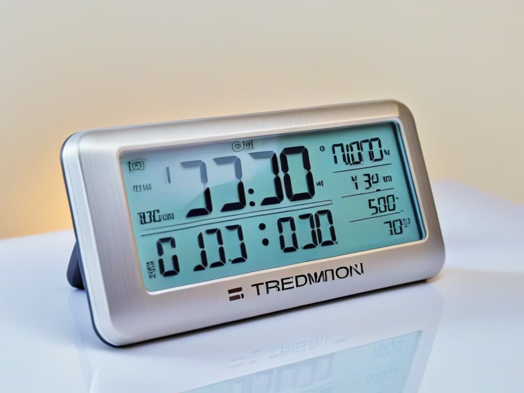  A closeup, ultradetailed image of a sleek, modern digital kitchen thermometer with a stainless steel probe, set against a soft, pastelcolored background to convey a sense of precision and elegance in baking. The thermometer's display shows a perfectly calibrated temperature reading, highlighting its accuracy and reliability for pastry chefs. hyperrealistic, full body, detailed clothing, highly detailed, cinematic lighting, stunningly beautiful, intricate, sharp focus, f/1. 8, 85mm, (centered image composition), (professionally color graded), ((bright soft diffused light)), volumetric fog, trending on instagram, trending on tumblr, HDR 4K, 8K