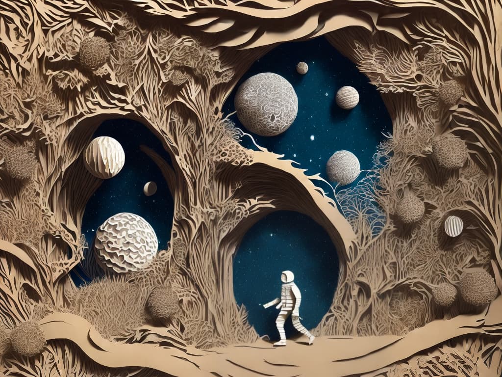 mdjrny-pprct a person in space is walking past planets