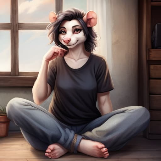  Anthro, possum, woman, grunge clothes, barefoot, humanoid feet, open eyes, digital art, masterpiece, 4k, fine details,