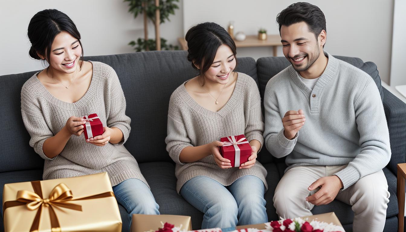  digital illustration, A man presenting a small gift to a woman, gift wrapped with delicate ribbon, woman's appreciative smile, setting in a cozy living room, expression of respect and care, looking at viewer, dynamic pose, (intricate details, masterpiece, best quality)