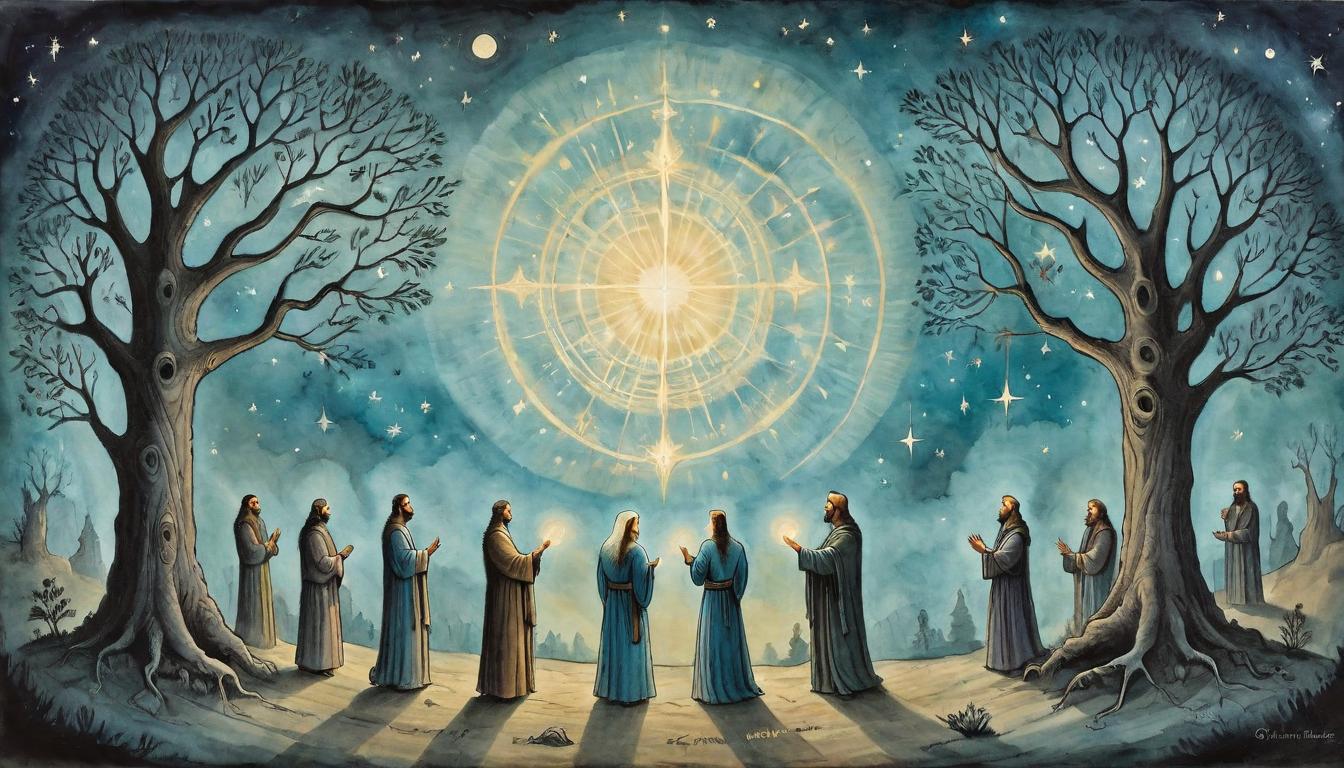  on parchment, surrealism+++, Beings of light in a circle, hands joined (not depicted), radiating upward energy, within an ancient grove under a starlit sky, unity, inspiration(mysterious, provocative, symbolic,muted color)+++