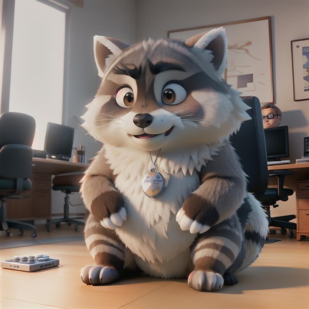  raccoon sitting in gaming chair front a computer on desktop, ((semi anthropomorphic)),(full body), tail, belly, sitting, fat, (chubby), (((white background))), solo, desktop, gaming chair, side view,  [[[clothes]]] hyperrealistic, full body, detailed clothing, highly detailed, cinematic lighting, stunningly beautiful, intricate, sharp focus, f/1. 8, 85mm, (centered image composition), (professionally color graded), ((bright soft diffused light)), volumetric fog, trending on instagram, trending on tumblr, HDR 4K, 8K