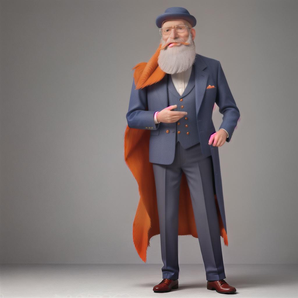  masterpiece, best quality, (Fidelity: 1.4), Best Quality, Masterpiece, Ultra High Resolution, 8k resolution, A tall 2 old man with a long orange beard wearing a navy blue three piece suit and black fedora