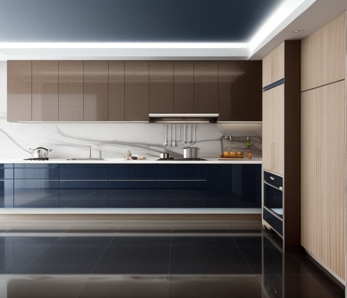  Luxurious modern kitchen with a color palette of blue brown white black