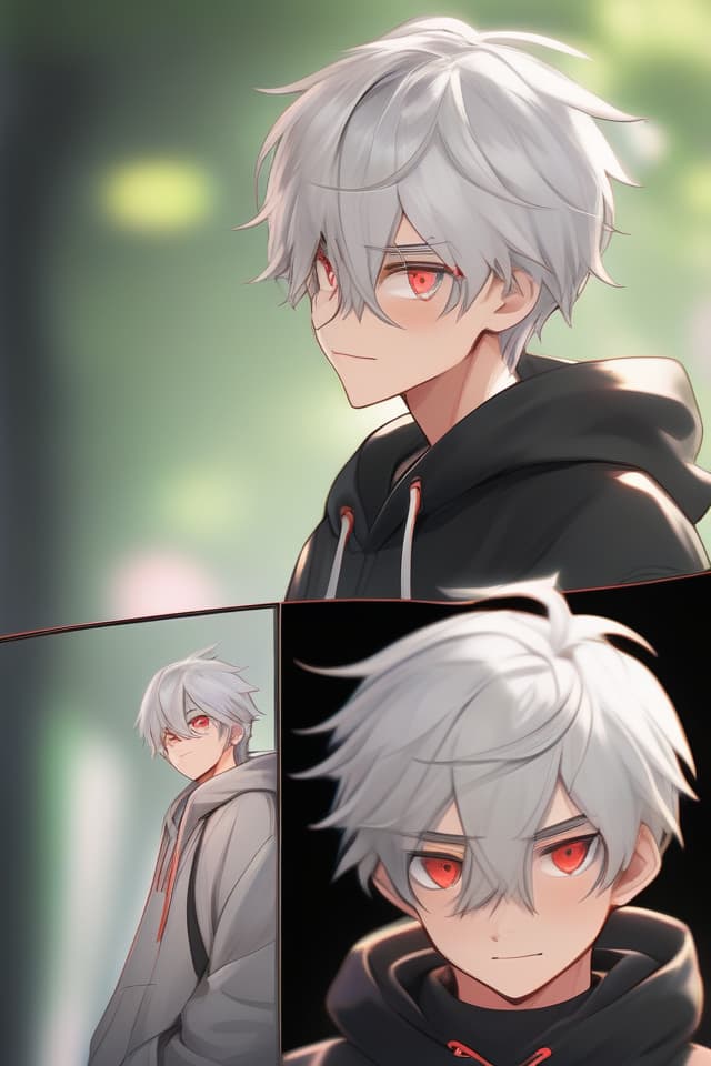  (Fresh green park) (silver hair) (red eyes color) (Parker) (Smile) (Gentle illustration style) High Quality, Best, Texture, Contrast ,, 16yrs, Male, Super Handsome, Upper Body Only, SHORT CUT, SHORT CUT, (Silver Hair, Red Eye Color), 8k, 16k, in Hoodie