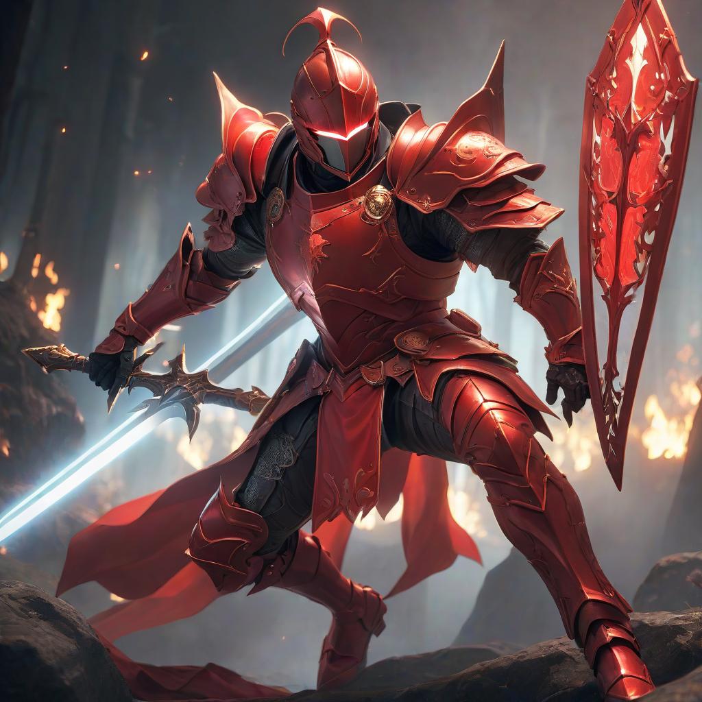  anime artwork A knight in red armor with a glowing shield and a two handed sword. His eyes burn red. . anime style, key visual, vibrant, studio anime, highly detailed hyperrealistic, full body, detailed clothing, highly detailed, cinematic lighting, stunningly beautiful, intricate, sharp focus, f/1. 8, 85mm, (centered image composition), (professionally color graded), ((bright soft diffused light)), volumetric fog, trending on instagram, trending on tumblr, HDR 4K, 8K