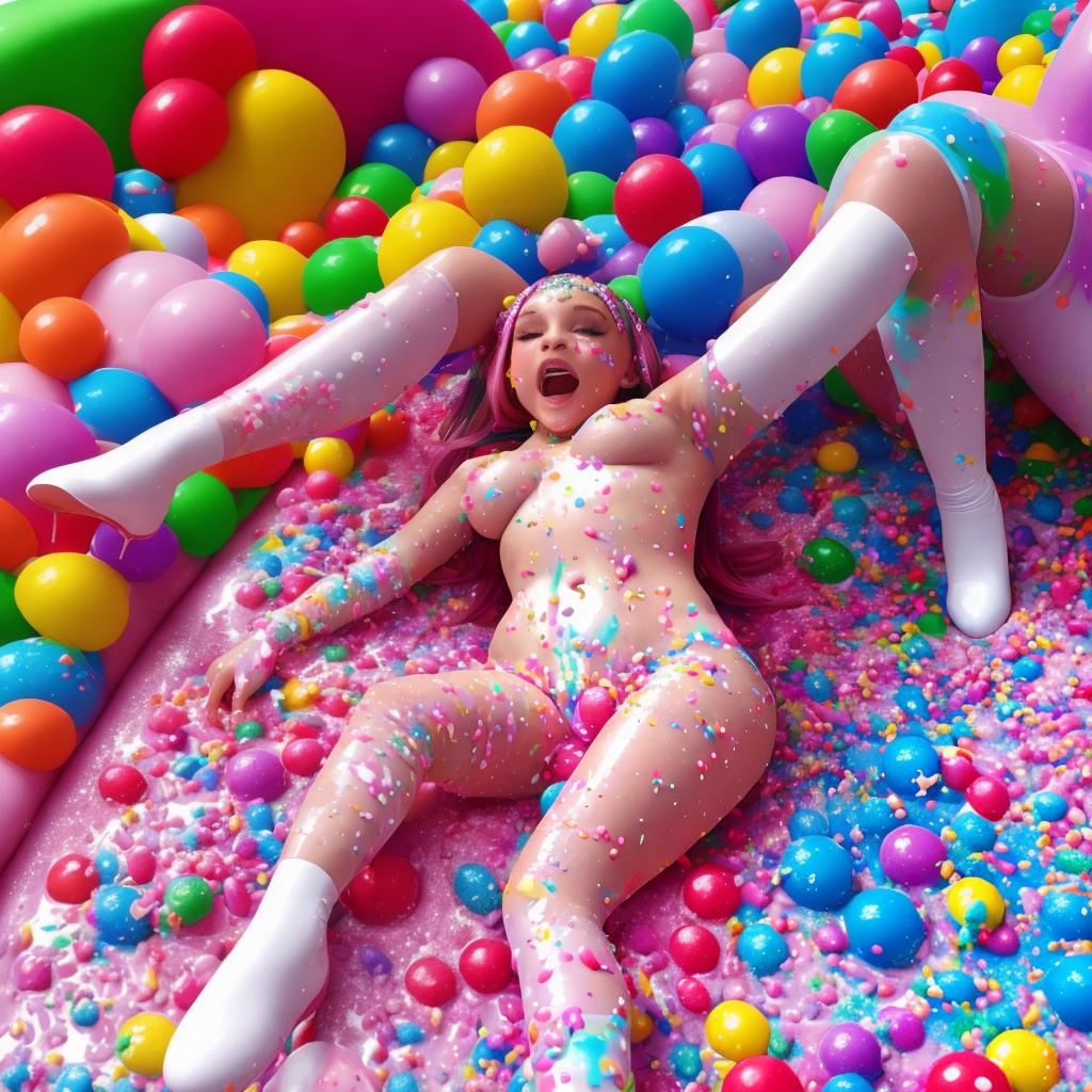  in a Candyland style, maddie Ziegler, cumpussys, wet white cream splatted everywhere, accomplice, bed, undressed, sloppycum, no clothes on, intercoursesex