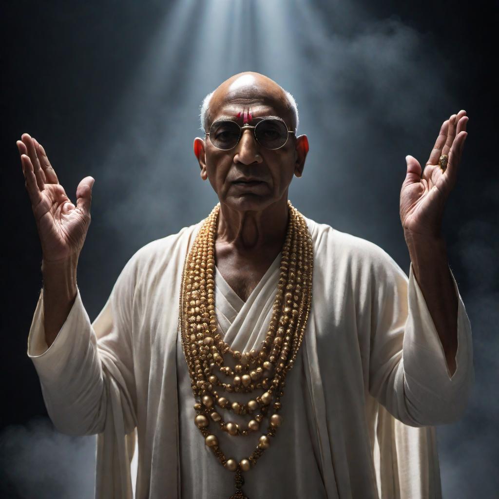  A person named Prabhupāda standing with closed eyes and hands raised, surrounded by darkness. The text 'Prabhupāda, you are blind. All you can say is that you have been blind.' is written in a dramatic font next to him. hyperrealistic, full body, detailed clothing, highly detailed, cinematic lighting, stunningly beautiful, intricate, sharp focus, f/1. 8, 85mm, (centered image composition), (professionally color graded), ((bright soft diffused light)), volumetric fog, trending on instagram, trending on tumblr, HDR 4K, 8K