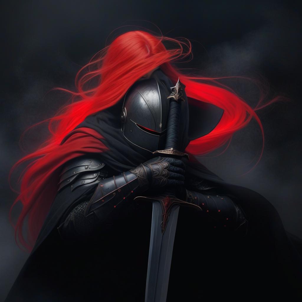  Create an image in a fantasy style, depicting the following scene: 1. Central figurines: A warrior in dark armor with a closed helmet. A woman with long flowing hair, radiating a red light, softly embracing the warrior from behind. 2. Detail of the warrior: Dark, bulky armor with visible traces of battle and damage. The warrior holds a large sword, casually leaning on it as if resting or contemplating. A black cloak or wrap covers the warrior, adding drama and mystery. 3. Details of the woman: The woman emanates a soft red light, her skin and hair appearing ethereal, almost ghostly. Her eyes are closed, her expression calm and serene. 4. Background and setting: A dark, mystical background, possibl hyperrealistic, full body, detailed clothing, highly detailed, cinematic lighting, stunningly beautiful, intricate, sharp focus, f/1. 8, 85mm, (centered image composition), (professionally color graded), ((bright soft diffused light)), volumetric fog, trending on instagram, trending on tumblr, HDR 4K, 8K