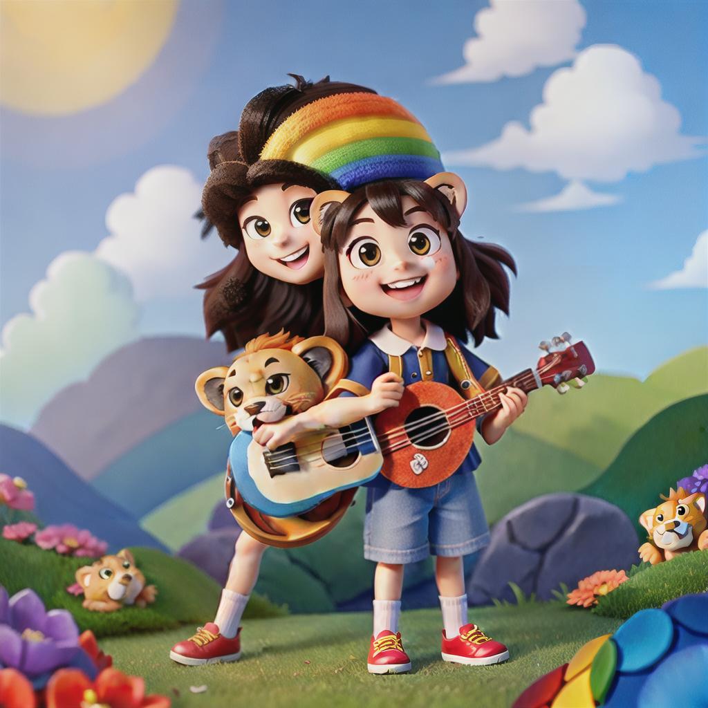  masterpiece, best quality, cute little lion, smile, big eyes, ukulele in hand, valley, rainbow in sky, musical notes