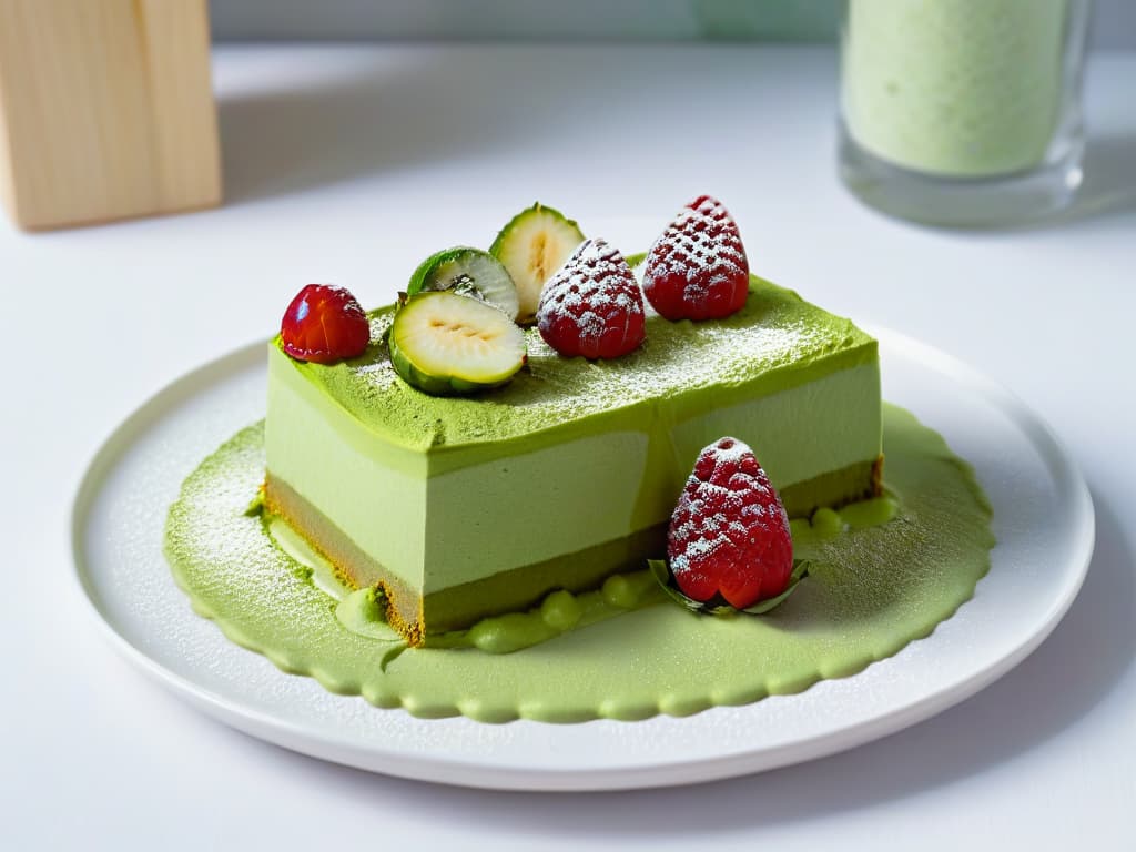  A closeup, ultradetailed image of a slice of matcha cheesecake on a sleek, minimalist plate. The cheesecake is perfectly layered with a smooth, vibrant green matcha filling, topped with a delicate dusting of matcha powder and a few fresh raspberries for contrast. The plate sits on a clean, modern table surface, emphasizing the elegance and simplicity of the dessert. hyperrealistic, full body, detailed clothing, highly detailed, cinematic lighting, stunningly beautiful, intricate, sharp focus, f/1. 8, 85mm, (centered image composition), (professionally color graded), ((bright soft diffused light)), volumetric fog, trending on instagram, trending on tumblr, HDR 4K, 8K