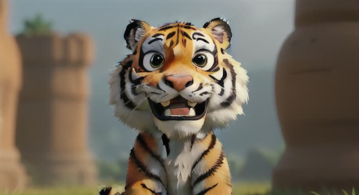  {Tiger sniffing the air with a hungry look., Tiger has a friendly smile and his tail wags with anticipation.