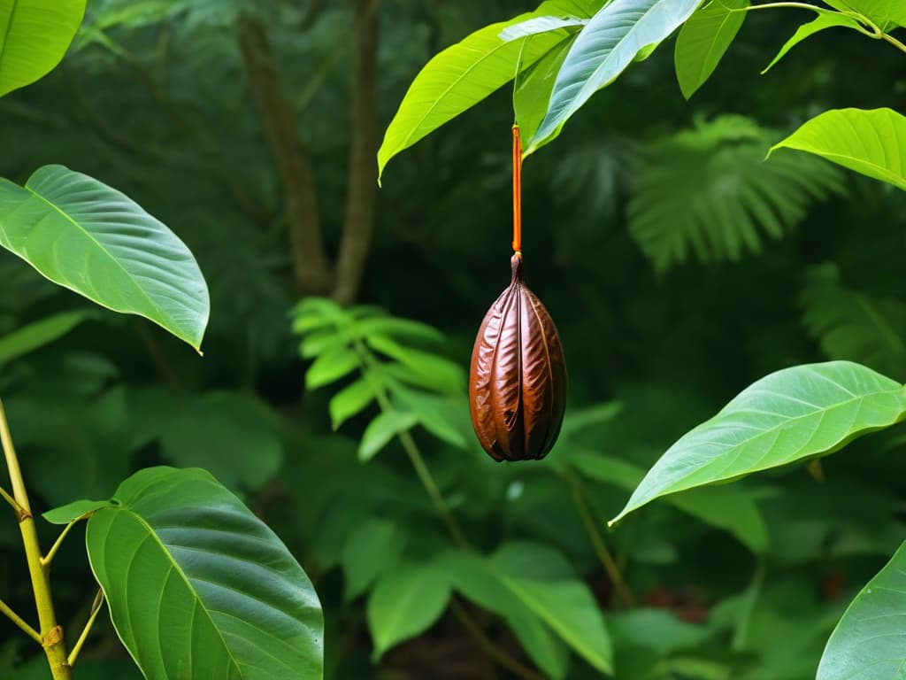  A serene, minimalist image of a single ripe cacao pod hanging from a tree branch against a backdrop of lush green leaves. The pod is a rich, deep brown color, with delicate ridges and a glossy sheen, symbolizing the hidden treasure and unique flavor of criollo cacao. The focus is on the natural beauty and simplicity of the cacao pod, evoking a sense of discovery and appreciation for this culinary gem. hyperrealistic, full body, detailed clothing, highly detailed, cinematic lighting, stunningly beautiful, intricate, sharp focus, f/1. 8, 85mm, (centered image composition), (professionally color graded), ((bright soft diffused light)), volumetric fog, trending on instagram, trending on tumblr, HDR 4K, 8K