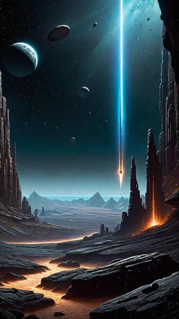  (A vast, dark expanse of space with the sleek, futuristic starship Starbound gliding silently through the void. In the foreground, an asteroid belt comes into view, shimmering with an unknown energy emanating from an ancient alien artifact floating amongst the rocks. The artifact is a glowing, intricate device, pulsating with an otherworldly power as a young female engineer, Alara, examines it intently.) hyperrealistic, full body, detailed clothing, highly detailed, cinematic lighting, stunningly beautiful, intricate, sharp focus, f/1. 8, 85mm, (centered image composition), (professionally color graded), ((bright soft diffused light)), volumetric fog, trending on instagram, trending on tumblr, HDR 4K, 8K