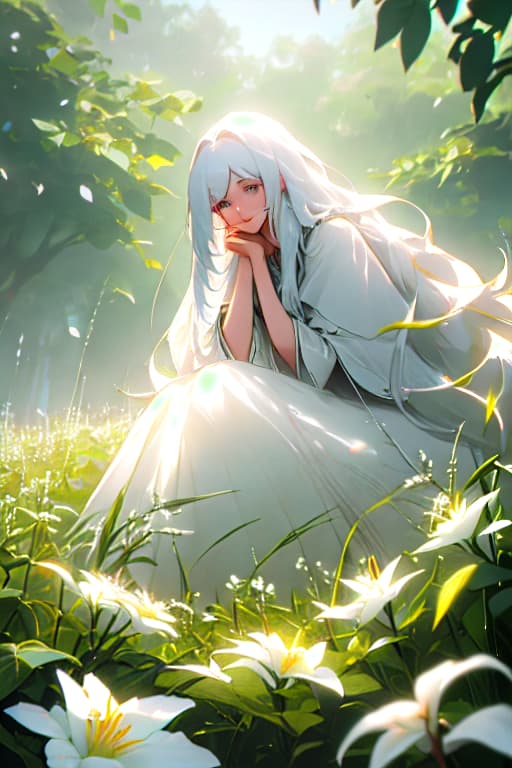  (masterpiece, best quality),1girl with long white hair sitting in a field of green plants and flowers, her hand under her chin, warm lighting, white dress, blurry foreground花火 hyperrealistic, full body, detailed clothing, highly detailed, cinematic lighting, stunningly beautiful, intricate, sharp focus, f/1. 8, 85mm, (centered image composition), (professionally color graded), ((bright soft diffused light)), volumetric fog, trending on instagram, trending on tumblr, HDR 4K, 8K