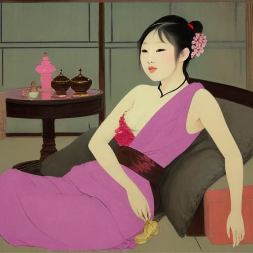  Attractive Beautiful young Asian reclining with moist pink open lips. Forground is plates of fine dark chocolates. Background is a Asian palace. Painting style of Edgar Degas