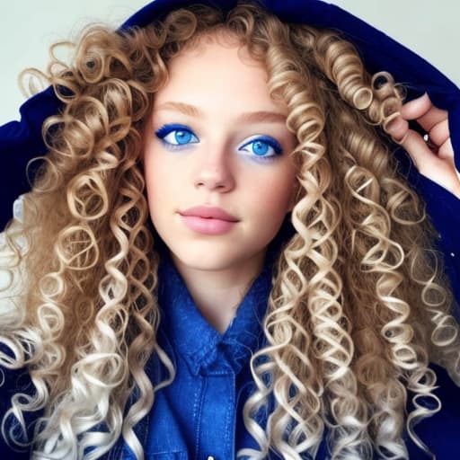  blue eyes, curly blond hair