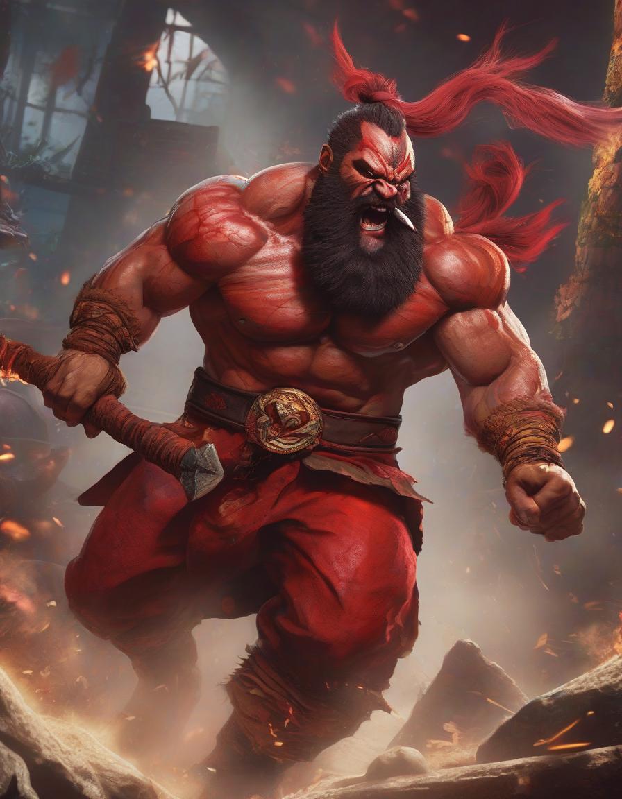  Street Fighter style A red orc with a beard and an axe shouts in rage. . vibrant, dynamic, arcade, 2D fighting game, highly detailed, reminiscent of Street Fighter series hyperrealistic, full body, detailed clothing, highly detailed, cinematic lighting, stunningly beautiful, intricate, sharp focus, f/1. 8, 85mm, (centered image composition), (professionally color graded), ((bright soft diffused light)), volumetric fog, trending on instagram, trending on tumblr, HDR 4K, 8K