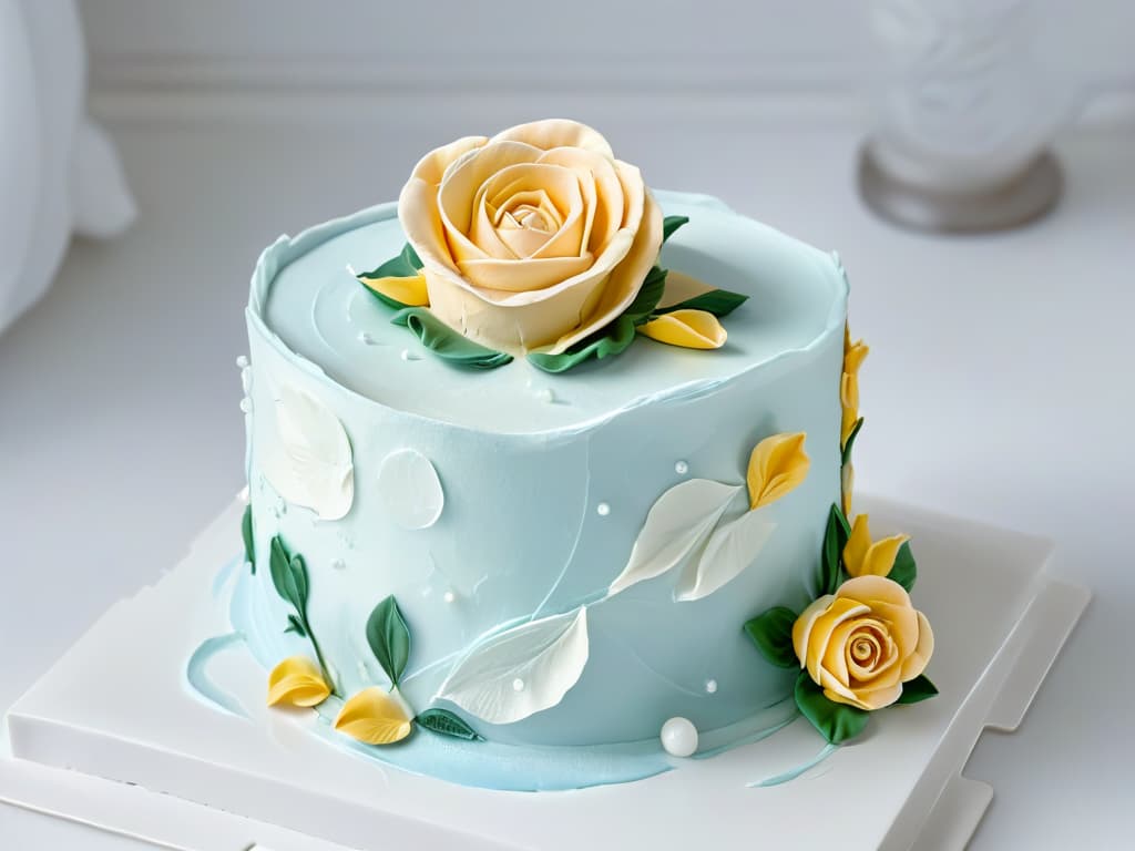  A closeup, ultradetailed image of a perfectly sculpted fondant rose delicately placed on a pristine white frosted cake. The intricate layers of the rose petals are flawlessly crafted, showcasing the skill and artistry involved in mastering fondant decorations. The soft, pastel hues of the rose contrast beautifully against the immaculate white background, creating a visually stunning and elegant composition that embodies the magic of sugar artistry. hyperrealistic, full body, detailed clothing, highly detailed, cinematic lighting, stunningly beautiful, intricate, sharp focus, f/1. 8, 85mm, (centered image composition), (professionally color graded), ((bright soft diffused light)), volumetric fog, trending on instagram, trending on tumblr, HDR 4K, 8K