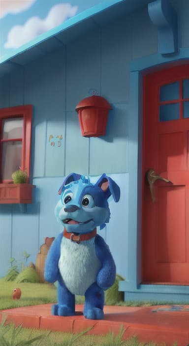  {Max the big blue dog standing in front of a cozy little house with a red door, The big blue dog is large with sky blue fur, big round eyes, a black nose, and floppy ears.