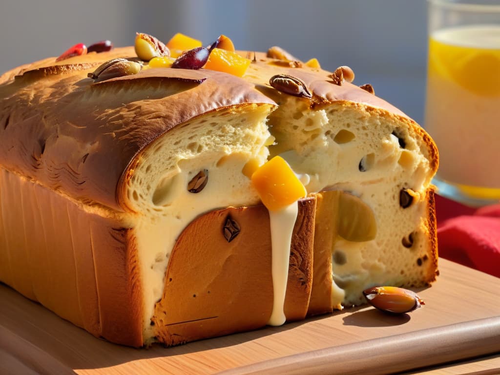  A closeup, ultradetailed image of a slice of freshly baked panettone, showcasing the fluffy texture filled with candied fruits and nuts. The golden crust glistens under a gentle light, highlighting the intricate patterns of the scoring on top. Crumbs of the soft, airy bread are visible, hinting at its delicate and moist interior. The rich colors of the fruits and nuts contrast beautifully with the light, golden crumb, inviting the viewer to imagine the delicious combination of flavors in this premium panettone. hyperrealistic, full body, detailed clothing, highly detailed, cinematic lighting, stunningly beautiful, intricate, sharp focus, f/1. 8, 85mm, (centered image composition), (professionally color graded), ((bright soft diffused light)), volumetric fog, trending on instagram, trending on tumblr, HDR 4K, 8K