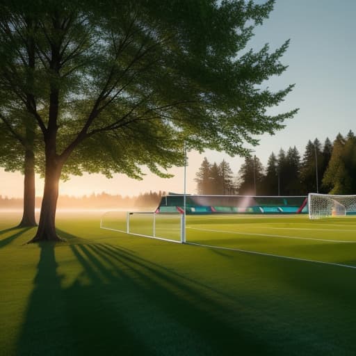  Create an image of a vibrant and bustling soccer field in Lohja, Finland, where the grass is lush green, and the goalposts shine brightly under the clear blue sky. Show the field lined with colorful flags from multiple countries fluttering gently in the breeze, creating a festive and international atmosphere for the start of the B junioreiden World Cup tournament. hyperrealistic, full body, detailed clothing, highly detailed, cinematic lighting, stunningly beautiful, intricate, sharp focus, f/1. 8, 85mm, (centered image composition), (professionally color graded), ((bright soft diffused light)), volumetric fog, trending on instagram, trending on tumblr, HDR 4K, 8K