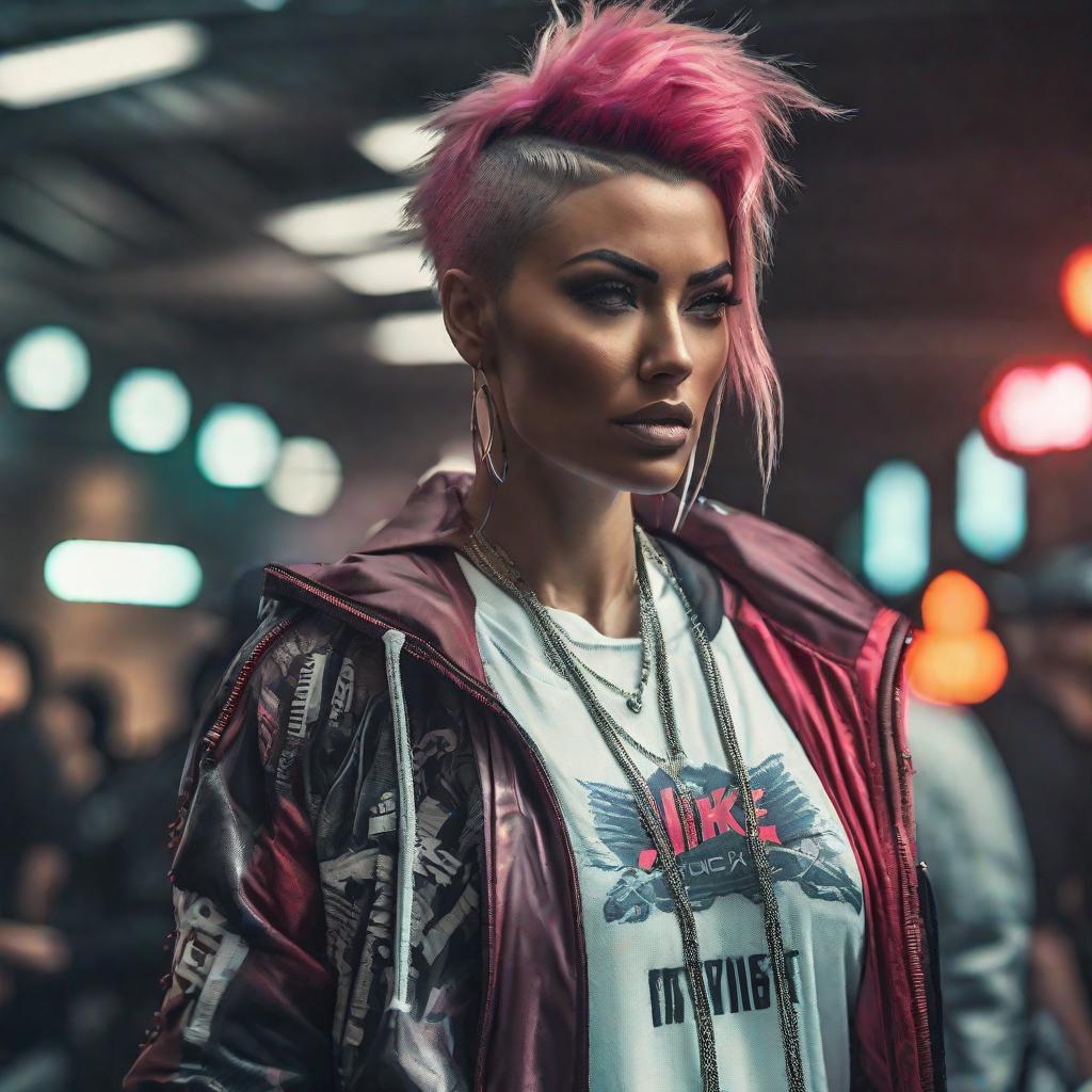  nike punk woman, photographic hyperrealistic, full body, detailed clothing, highly detailed, cinematic lighting, stunningly beautiful, intricate, sharp focus, f/1. 8, 85mm, (centered image composition), (professionally color graded), ((bright soft diffused light)), volumetric fog, trending on instagram, trending on tumblr, HDR 4K, 8K