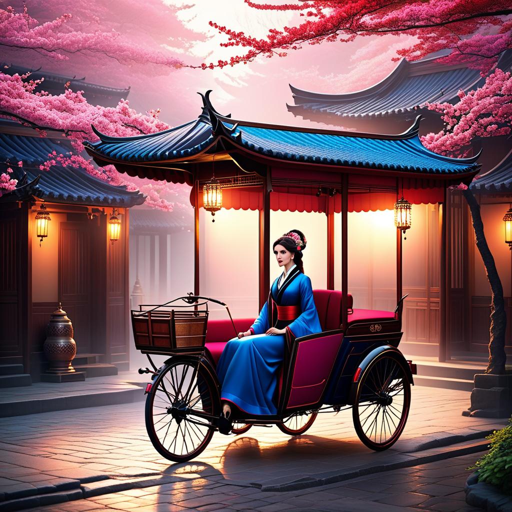  ethereal fantasy concept art of RIKSHA (Japanese jinrikisya) a light two wheeled carriage in which a person is pulled (also called a rickshaw). (Background): blossoming pink sakura, an empty rickshaw stands on the pavement. (Rickshaw design) A tent upholstered in dark blue silk. There is a sofa upholstered in red velvet and a painted wooden footstool. . magnificent, celestial, ethereal, painterly, epic, majestic, magical, fantasy art, cover art, dreamy hyperrealistic, full body, detailed clothing, highly detailed, cinematic lighting, stunningly beautiful, intricate, sharp focus, f/1. 8, 85mm, (centered image composition), (professionally color graded), ((bright soft diffused light)), volumetric fog, trending on instagram, trending on tumblr, HDR 4K, 8K