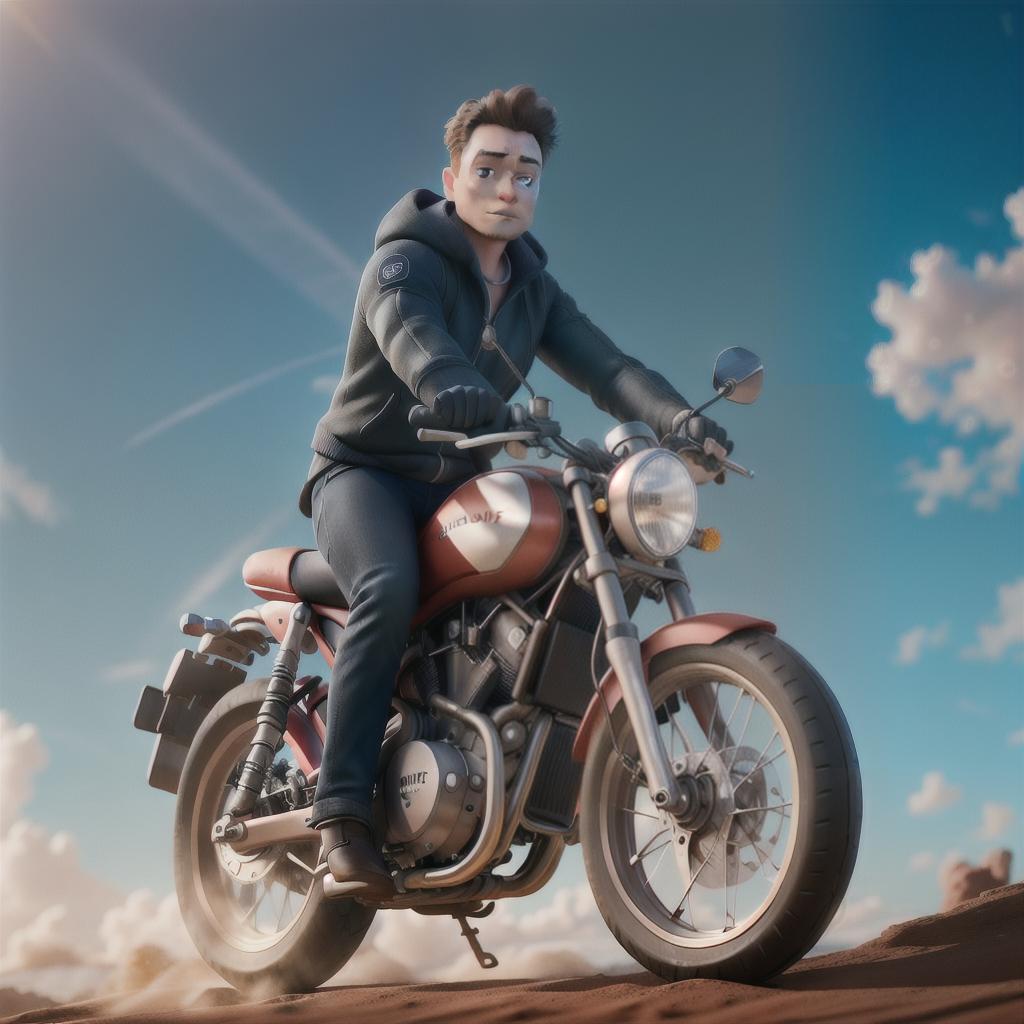  Elon musk riding spelendor bike hyperrealistic, full body, detailed clothing, highly detailed, cinematic lighting, stunningly beautiful, intricate, sharp focus, f/1. 8, 85mm, (centered image composition), (professionally color graded), ((bright soft diffused light)), volumetric fog, trending on instagram, trending on tumblr, HDR 4K, 8K