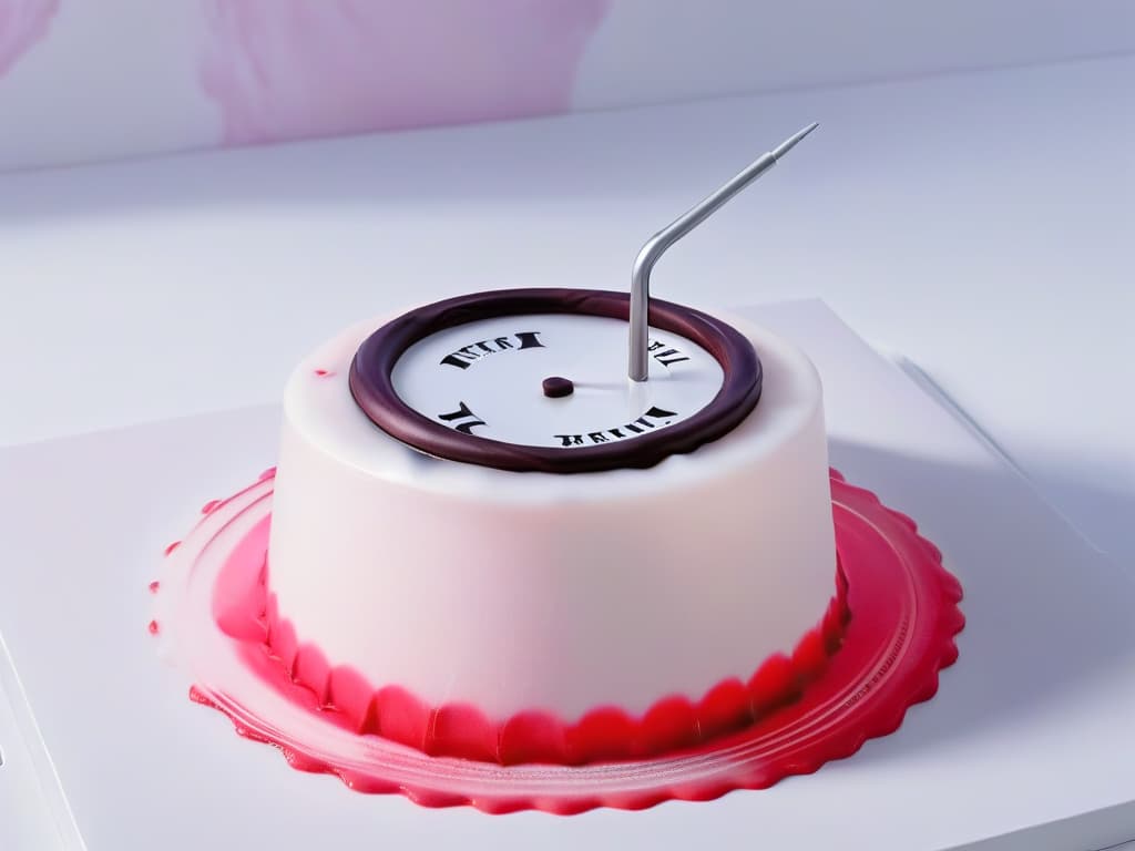  An ultradetailed image showcasing a sleek, minimalistic digital thermometer with a vibrant red display, set against a soft pastel background that fades from a light pink to a gentle lavender. The thermometer is surrounded by delicate swirls of steam rising from a perfectly tempered pool of glossy, molten chocolate, highlighting the precision and artistry required in the world of pastry and confectionery. hyperrealistic, full body, detailed clothing, highly detailed, cinematic lighting, stunningly beautiful, intricate, sharp focus, f/1. 8, 85mm, (centered image composition), (professionally color graded), ((bright soft diffused light)), volumetric fog, trending on instagram, trending on tumblr, HDR 4K, 8K