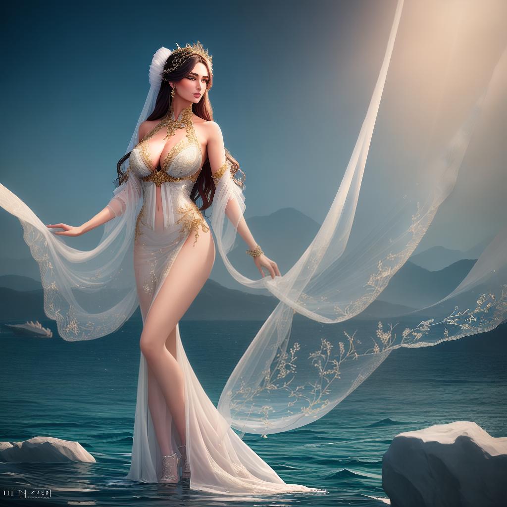  ((masterpiece)), (((best quality))), 8k, high detailed, ultra-detailed. Capturing the essence of elegance, a fashion model poses on the bow of an opulent yacht, clad in ethereal, transparent attire. Behind her, a tranquil sea and stunning seascape unfold, meticulously rendered in photorealism and high-resolution hyperrealistic, full body, detailed clothing, highly detailed, cinematic lighting, stunningly beautiful, intricate, sharp focus, f/1. 8, 85mm, (centered image composition), (professionally color graded), ((bright soft diffused light)), volumetric fog, trending on instagram, trending on tumblr, HDR 4K, 8K