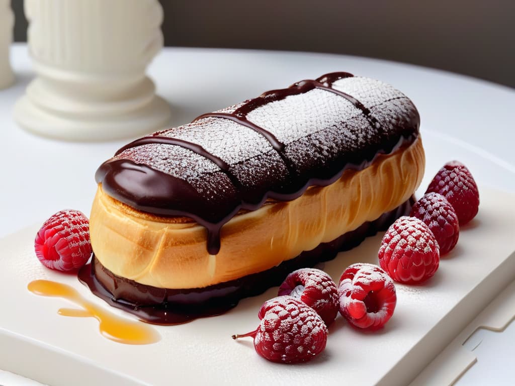  An ultradetailed closeup image of a delicate, perfectly crafted éclair by Yann Couvreur. The éclair is elegantly decorated with a glossy chocolate glaze, topped with a precise line of gold leaf, and garnished with a single, vibrant raspberry perched on top. The lighting highlights the intricate details of the choux pastry, showcasing its goldenbrown color and delicate texture. The background is a subtle, soft focus to emphasize the exquisite craftsmanship of the pastry. hyperrealistic, full body, detailed clothing, highly detailed, cinematic lighting, stunningly beautiful, intricate, sharp focus, f/1. 8, 85mm, (centered image composition), (professionally color graded), ((bright soft diffused light)), volumetric fog, trending on instagram, trending on tumblr, HDR 4K, 8K