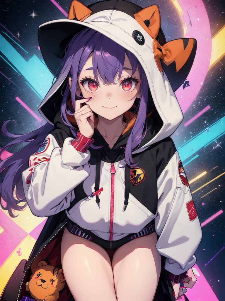  1girl, teddy bear, baseball cap, hat, solo, stuffed animal, stuffed toy, smile, long hair, hood down, jacket, hood, headphones, closed mouth, purple hair, long sleeves, fingernails, nail polish, sleeves past wrists, looking at viewer, multicolored eyes, bangs, hooded jacket, yellow nails, red jacket, multicolored nails, hair ornament, object hug, blush, red nails, white headwear, upper body, purple eyes, claw pose, heart, black headwear, hand up, bow, hoodie, hairclip, nail art, button badge, very long hair, hair between eyes, orange nails, puffy long sleeves, puffy sleeves, black bow, badge, holding, drawstring, red eyes, pink nails, star (symbol), multicolored hair, blue nails, holding stuffed toy, lightning bolt symbol, colorful, looking hyperrealistic, full body, detailed clothing, highly detailed, cinematic lighting, stunningly beautiful, intricate, sharp focus, f/1. 8, 85mm, (centered image composition), (professionally color graded), ((bright soft diffused light)), volumetric fog, trending on instagram, trending on tumblr, HDR 4K, 8K