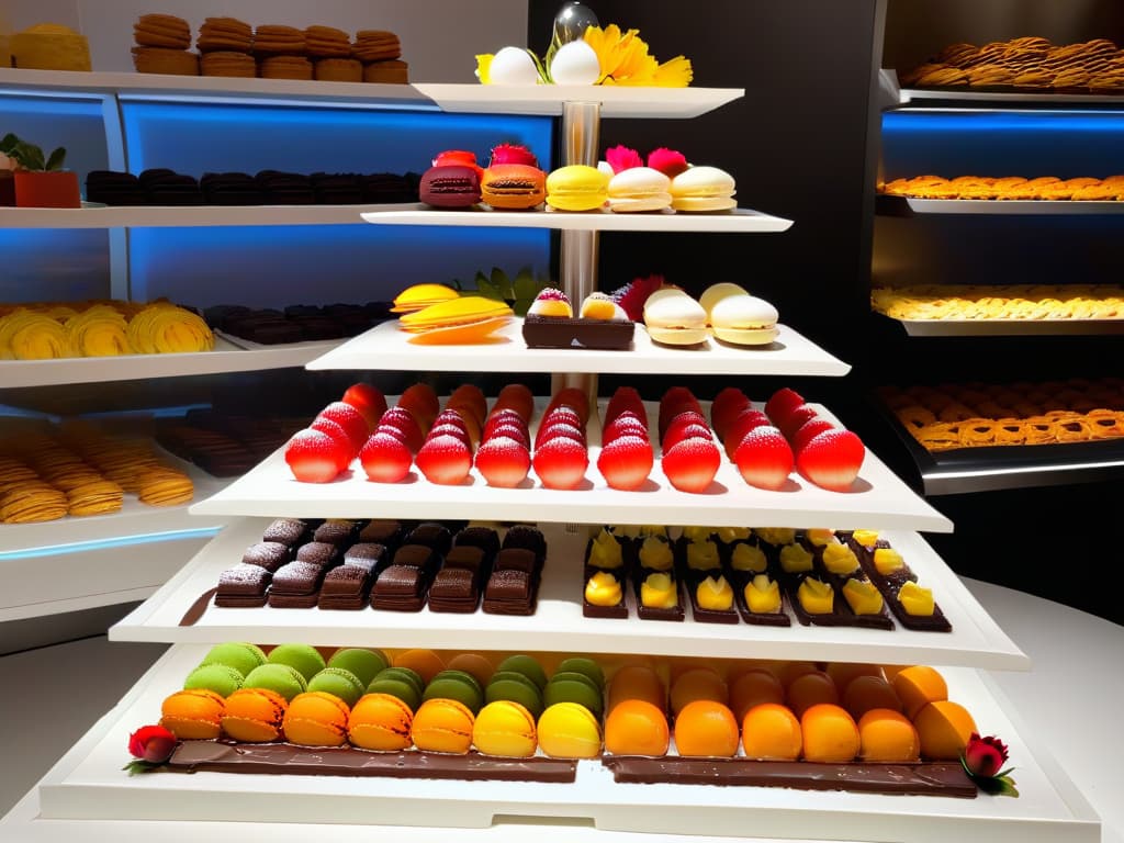  An ultradetailed image of a sleek, modern bakery display featuring an array of creatively presented desserts such as colorful macarons, decadent cakes, and delicate pastries, all artfully arranged on minimalist white platters against a backdrop of soft, diffused lighting. Each dessert is meticulously garnished with fresh fruits, edible flowers, and elegant drizzles of chocolate, showcasing a perfect balance of textures and flavors. The overall aesthetic is sophisticated, inviting, and visually striking, embodying the essence of creative merchandising for desserts. hyperrealistic, full body, detailed clothing, highly detailed, cinematic lighting, stunningly beautiful, intricate, sharp focus, f/1. 8, 85mm, (centered image composition), (professionally color graded), ((bright soft diffused light)), volumetric fog, trending on instagram, trending on tumblr, HDR 4K, 8K