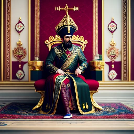  Young sultan Mehmed II sitting on the throne, Ottoman miniature style hyperrealistic, full body, detailed clothing, highly detailed, cinematic lighting, stunningly beautiful, intricate, sharp focus, f/1. 8, 85mm, (centered image composition), (professionally color graded), ((bright soft diffused light)), volumetric fog, trending on instagram, trending on tumblr, HDR 4K, 8K