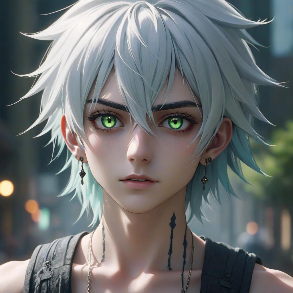  A boy, male gender, white and blue hair, green eyes, scars on the face, long eyelashes, fangs, long earrings. hyperrealistic, full body, detailed clothing, highly detailed, cinematic lighting, stunningly beautiful, intricate, sharp focus, f/1. 8, 85mm, (centered image composition), (professionally color graded), ((bright soft diffused light)), volumetric fog, trending on instagram, trending on tumblr, HDR 4K, 8K