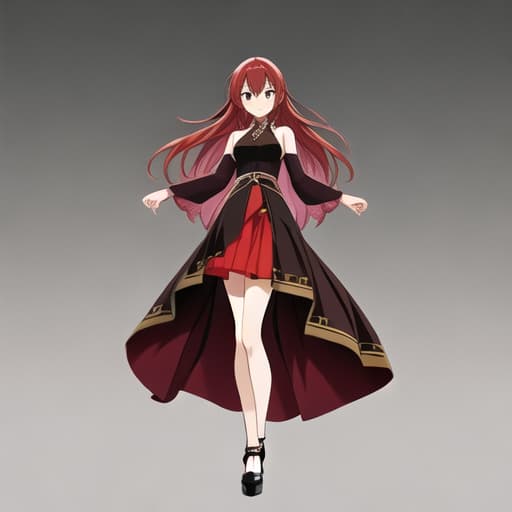  [Anime 2D, 8k image, master piece, best quality, RAW photo, 30 year olds, an woman, asian style, brown eyes, long red hair, slim body, large bust, full body, wearing a dress, must dark skin, 2 legs,2 arms, not extra fingers]