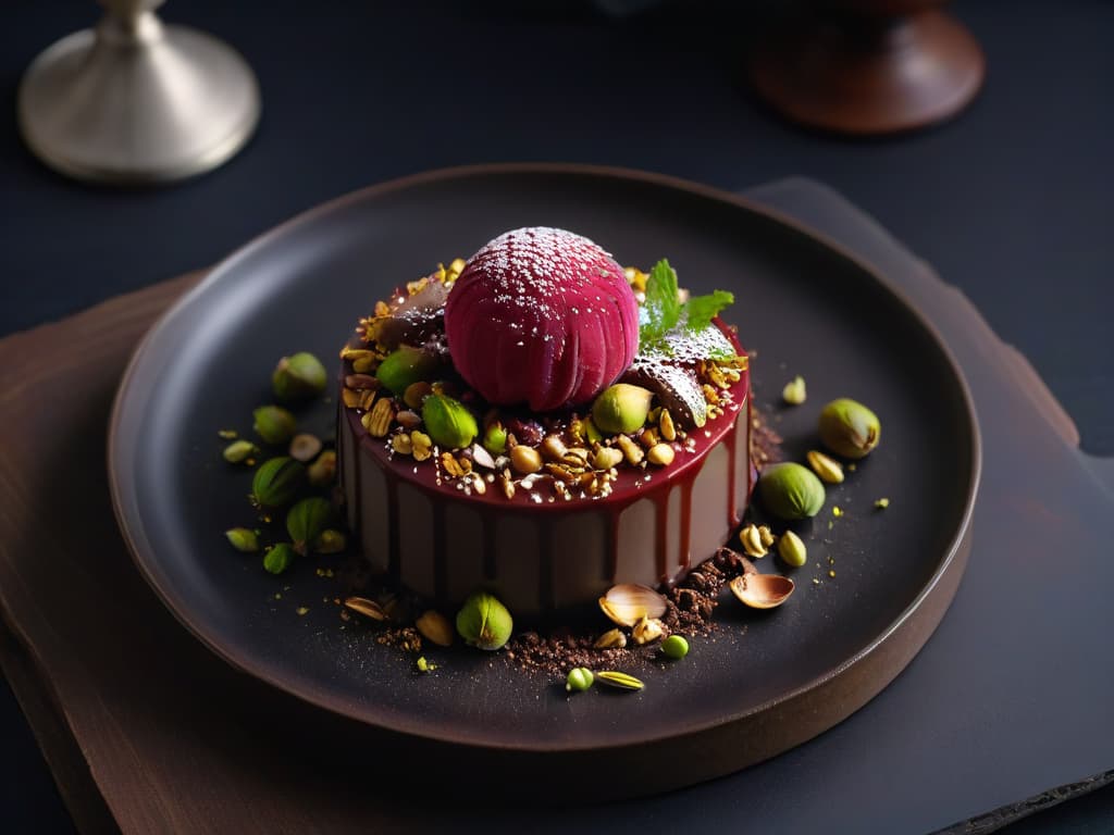  A closeup shot of a perfectly symmetrical, minimalist dessert plate featuring a delicate, glossy chocolate sphere placed precisely at the center, surrounded by a scattering of finely crushed pistachios and a drizzle of vibrant raspberry coulis, creating a stunning visual contrast of textures and flavors. The plate rests on a sleek, matte black surface, enhancing the elegant simplicity of the composition. hyperrealistic, full body, detailed clothing, highly detailed, cinematic lighting, stunningly beautiful, intricate, sharp focus, f/1. 8, 85mm, (centered image composition), (professionally color graded), ((bright soft diffused light)), volumetric fog, trending on instagram, trending on tumblr, HDR 4K, 8K