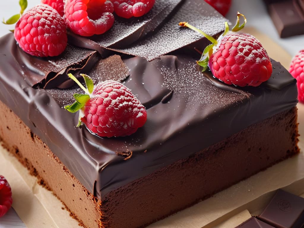  An ultradetailed closeup image of a stack of rich, dark chocolate bars, with a sprinkling of vibrant red raspberries on top, set against a stark white background. Each chocolate square glistens with a glossy sheen, and the raspberries appear plump and juicy, creating a visually striking contrast that highlights the decadent essence of the key ingredients in the glutenfree brownie recipe. hyperrealistic, full body, detailed clothing, highly detailed, cinematic lighting, stunningly beautiful, intricate, sharp focus, f/1. 8, 85mm, (centered image composition), (professionally color graded), ((bright soft diffused light)), volumetric fog, trending on instagram, trending on tumblr, HDR 4K, 8K