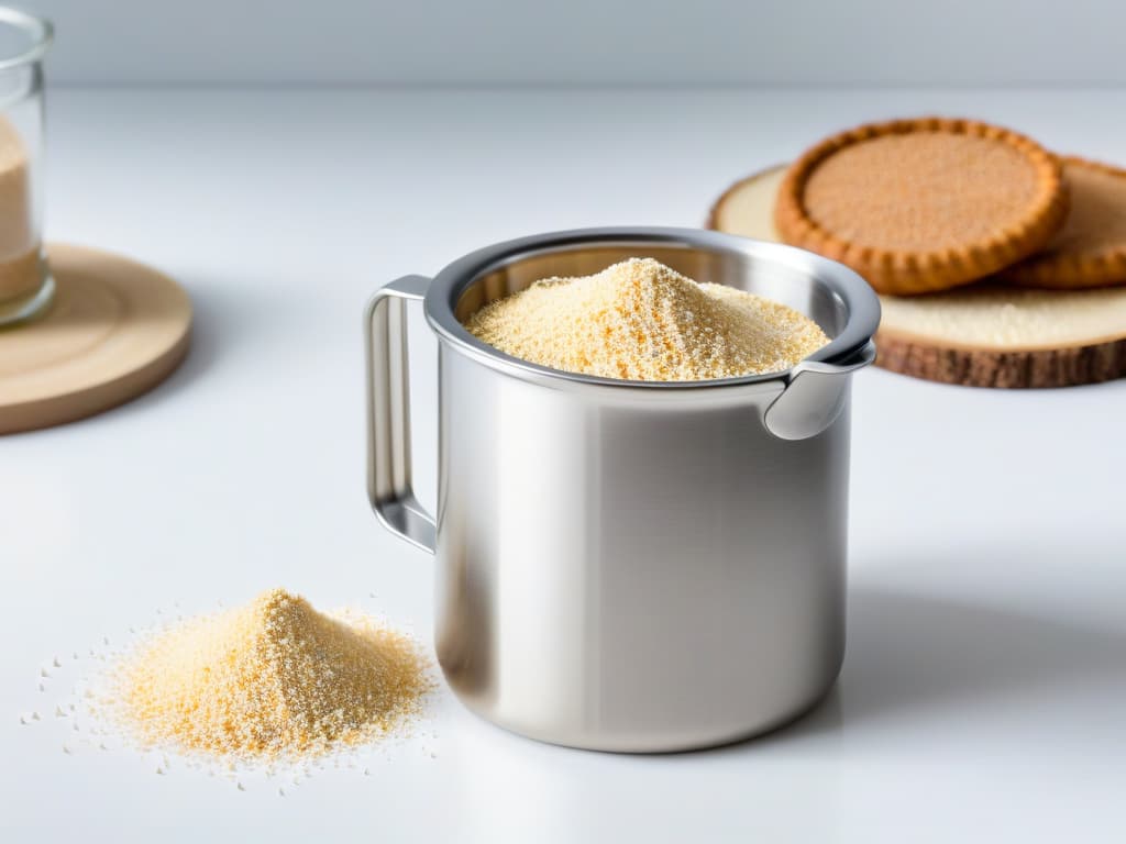  An ultradetailed image of the Norpro 3Cup Stainless Steel Flour Sifter, showcasing its sleek design in highresolution, highlighting its fine mesh screen and ergonomic handle. The image captures the essence of efficiency and precision in sifting flour, with every detail of the tool's construction crystal clear, perfect for a minimalistic aesthetic. hyperrealistic, full body, detailed clothing, highly detailed, cinematic lighting, stunningly beautiful, intricate, sharp focus, f/1. 8, 85mm, (centered image composition), (professionally color graded), ((bright soft diffused light)), volumetric fog, trending on instagram, trending on tumblr, HDR 4K, 8K