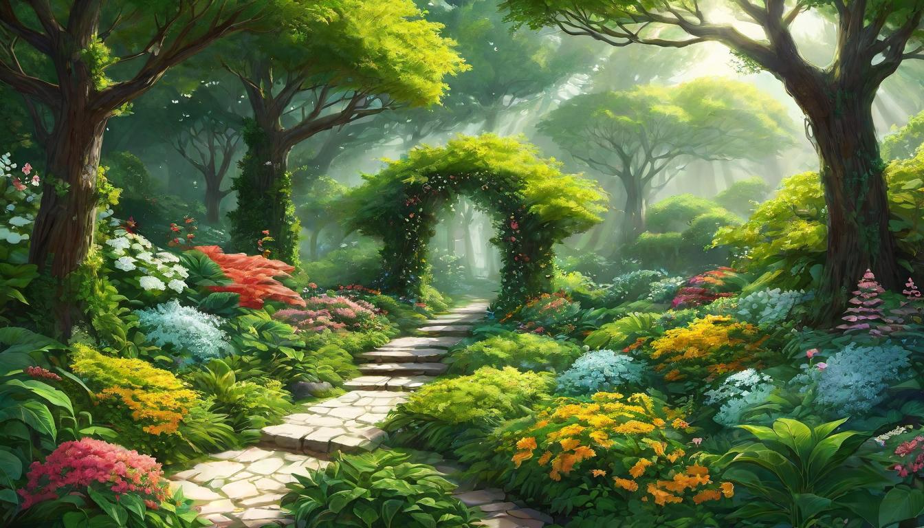  digital illustration, A lush garden path inviting exploration, trees, flowers, and plants pulsate with unseen energy, shimmers of light suggest a living web of connections, inviting, unwavering growth, looking at viewer, dynamic pose, (intricate details, masterpiece, best quality)