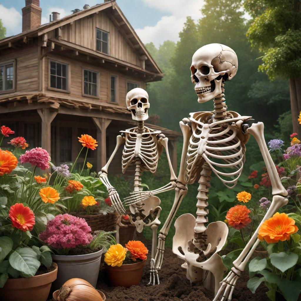  Create a colorful poster-style picture depicting skeletons engaging in various types of manual labor. The design should reflect a vibrant and dynamic scene showcasing activities like construction, gardening, painting, and more, with a focus on the theme of labor. hyperrealistic, full body, detailed clothing, highly detailed, cinematic lighting, stunningly beautiful, intricate, sharp focus, f/1. 8, 85mm, (centered image composition), (professionally color graded), ((bright soft diffused light)), volumetric fog, trending on instagram, trending on tumblr, HDR 4K, 8K