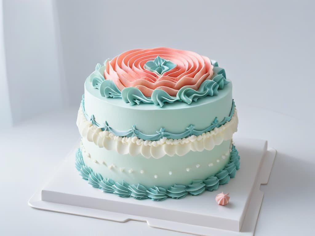  A minimalist image of a beautifully decorated cake with intricate piping details in pastel colors, displayed on a simple white cake stand against a clean, uncluttered background. The focus is on the precision and artistry of the decoration, highlighting the skill and attention to detail required to succeed in baking competitions. hyperrealistic, full body, detailed clothing, highly detailed, cinematic lighting, stunningly beautiful, intricate, sharp focus, f/1. 8, 85mm, (centered image composition), (professionally color graded), ((bright soft diffused light)), volumetric fog, trending on instagram, trending on tumblr, HDR 4K, 8K