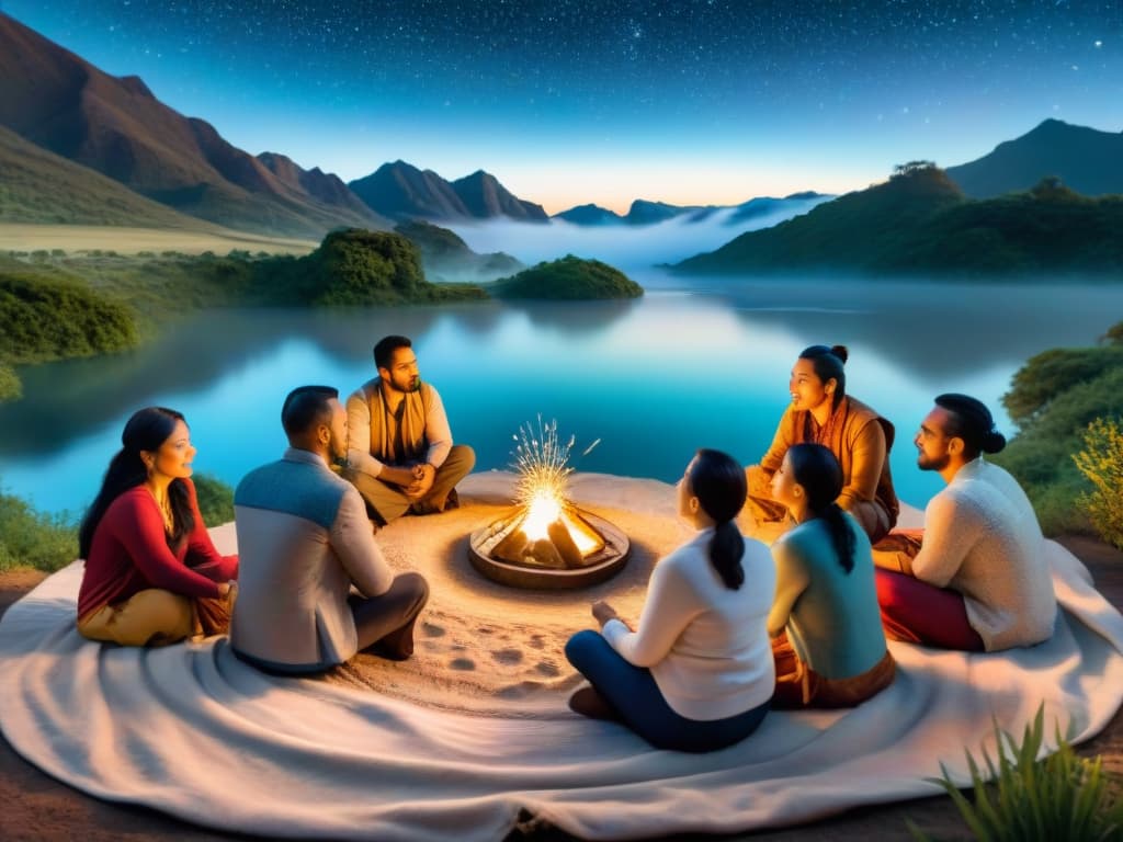  An intricate watercolor illustration depicting a diverse group of people from different cultures and backgrounds engaging in a storytelling circle under a starlit sky, with each person holding a unique visual representation of their native language. The scene is vibrant and full of life, showcasing the power of visual narrative in preserving endangered languages. hyperrealistic, full body, detailed clothing, highly detailed, cinematic lighting, stunningly beautiful, intricate, sharp focus, f/1. 8, 85mm, (centered image composition), (professionally color graded), ((bright soft diffused light)), volumetric fog, trending on instagram, trending on tumblr, HDR 4K, 8K